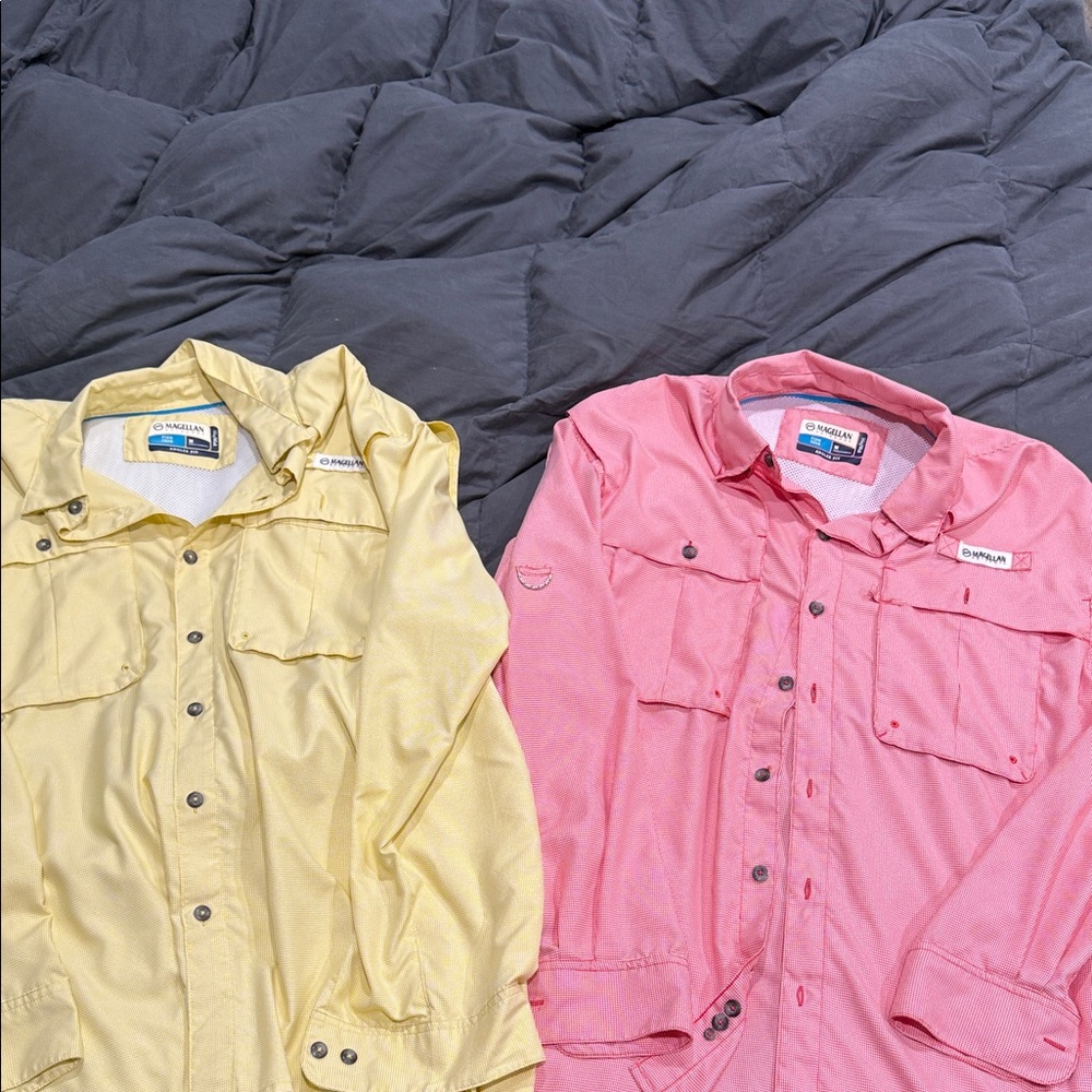 Magellan Outdoors Yellow and Pink Casual Button Down Shirts
